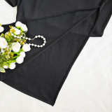 Black Scoop Neck Split Thigh Ribbed Knit Short Sleeve Midi Dress