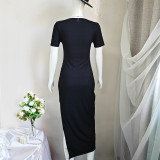 Black Scoop Neck Split Thigh Ribbed Knit Short Sleeve Midi Dress