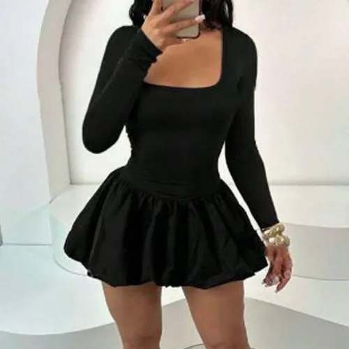 Cute Plain Square Collar Long Sleeve Puff Basic Bodycon Mini Dress