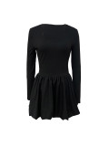 Cute Plain Square Collar Long Sleeve Puff Basic Bodycon Mini Dress