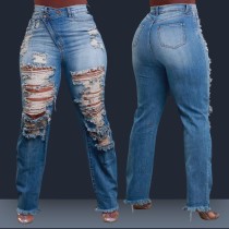 Elastic Ripped Tassel Straight-leg Jeans