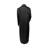 Spring Autumn Long Black Fitted Pu Leather Trench Coat