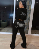 Velvet Rhinestone Letter Decor Drawstring Hooded Pants Set