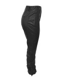 Fashion Button Zipper Elastic Hem Stacked PU Leather Pants