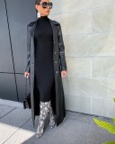 Spring Autumn Long Black Fitted Pu Leather Trench Coat