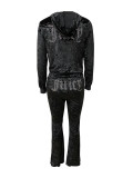 Velvet Rhinestone Letter Decor Drawstring Hooded Pants Set