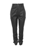 Fashion Button Zipper Elastic Hem Stacked PU Leather Pants
