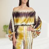 Women's Outfits Set Print Satin Sleeve Off Shoulder Top Wide Leg Pants Suit