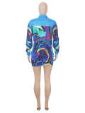 Blazer Sets Women 2 Piece Outfits Mock Pocket Print Blazer and Skirt