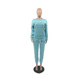 Winter Lake Blue Printed Letters Velvet Sweatshirts Pant Set