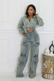 Sexy High Elasticity Multi-Pocket Washing Denim Casual Set Two Pieces