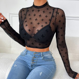 Black Graphic Print Mock Neck Crop Mesh Top Without Bra