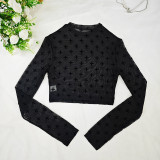 Black Graphic Print Mock Neck Crop Mesh Top Without Bra