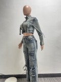 Sexy High Elasticity Multi-Pocket Washing Denim Casual Set Two Pieces