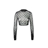 Black Graphic Print Mock Neck Crop Mesh Top Without Bra