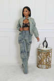 Sexy High Elasticity Multi-Pocket Washing Denim Casual Set Two Pieces