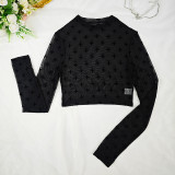 Black Graphic Print Mock Neck Crop Mesh Top Without Bra