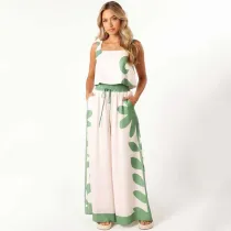 Fashion Elastic Vest Printed Waist Wide Leg Pants Two-piece Set