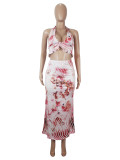 Sexy Halter Neck Sleeveless Printed Halter Top Skirt Set