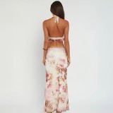 Sexy Halter Neck Sleeveless Printed Halter Top Skirt Set