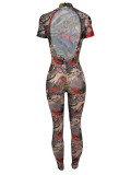 Sexy Backless Graphic Print See-through Mesh Jumpsuit