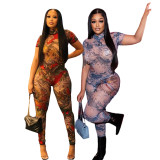 Sexy Backless Graphic Print See-through Mesh Jumpsuit