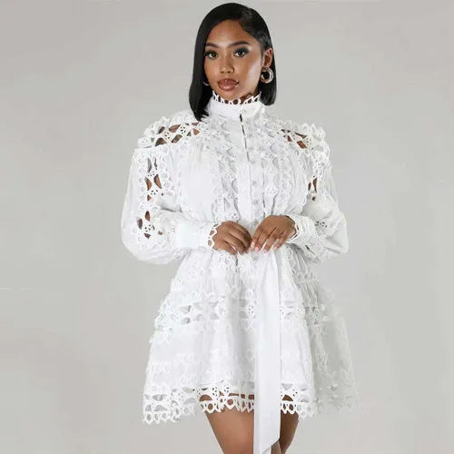 Solid Color Lace Stitching Hollow Party Dress