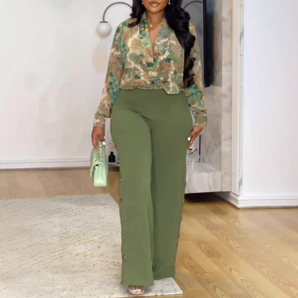 Casual Two-piece Printed V-neck Shirt and Wide-leg Pants