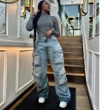 Womens Cargo Jeans High Waisted Wide Leg Denim Cargo Pants with Flap Pockets