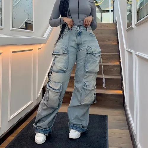 Womens Cargo Jeans High Waisted Wide Leg Denim Cargo Pants with Flap Pockets