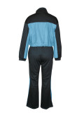 Casual Pocket Patchwork Zipper Contrast Zipper Collar Two Pieces
