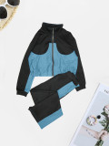 Casual Pocket Patchwork Zipper Contrast Zipper Collar Two Pieces