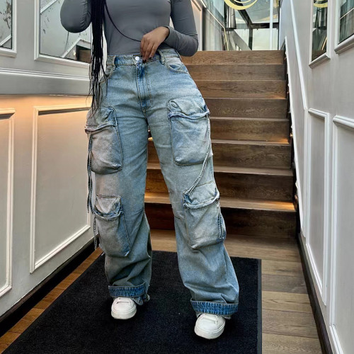 Womens Cargo Jeans High Waisted Wide Leg Denim Cargo Pants with Flap Pockets