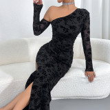 Flocked Printed One Shoulder High Slit Long Dress