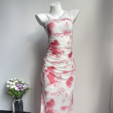 Sexy Straps Double-layer Mesh See-through Flower Print Mid Dress