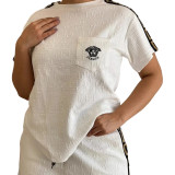 Women's Embossed Short Sleeve Shorts Set with Pockets