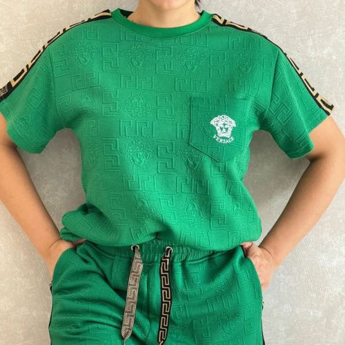 Women's Embossed Short Sleeve Shorts Set with Pockets