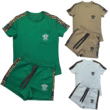 Women's Embossed Short Sleeve Shorts Set with Pockets