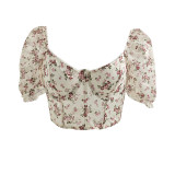 Casual Printed Puff Sleeves Lace See-through All-match Tops