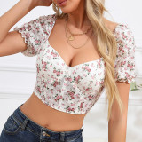 Casual Printed Puff Sleeves Lace See-through All-match Tops