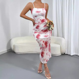 Sexy Straps Double-layer Mesh See-through Flower Print Mid Dress