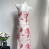 Sexy Straps Double-layer Mesh See-through Flower Print Mid Dress