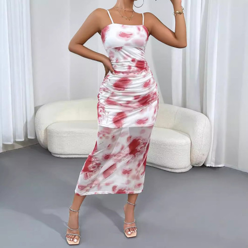 Sexy Straps Double-layer Mesh See-through Flower Print Mid Dress