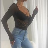 Black Sexy See-through Lace Mesh Stitching Outerwear Inner Bodysuit
