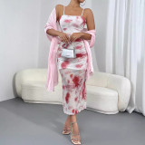 Sexy Straps Double-layer Mesh See-through Flower Print Mid Dress