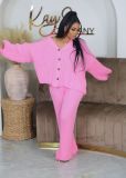 Women Knit Sweater Set Fall 2 Piece Outfits Button Down Wide leg Lounge Set