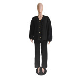 Women Knit Sweater Set Fall 2 Piece Outfits Button Down Wide leg Lounge Set