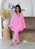 Women Cable Knit Sweater Set Fall 2 Piece Outfits Button Down Cardigan Lounge Set
