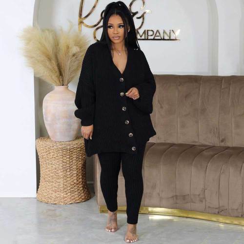 Women Cable Knit Sweater Set Fall 2 Piece Outfits Button Down Cardigan Lounge Set