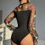Women's Embroidered Floral Mesh Long Sleeve Round Neck Skinny Bodysuit